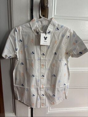 Disney White Short-Sleeve Button-Up Shirt with Blue and Orange Mickey Prints